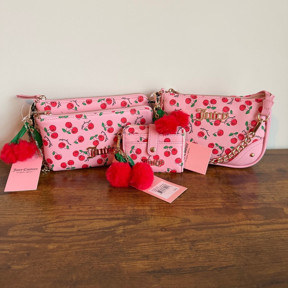 New Juicy Couture Cherry Girl Bundle Pink Red Wristlet Wallet Clutch Handbag